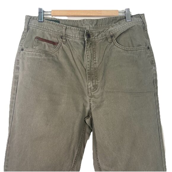 Orvis 5 Pocket Leather Trim Jeans Green Chino Denim Workwear Mens Size 36 X 34 - Picture 2 of 10